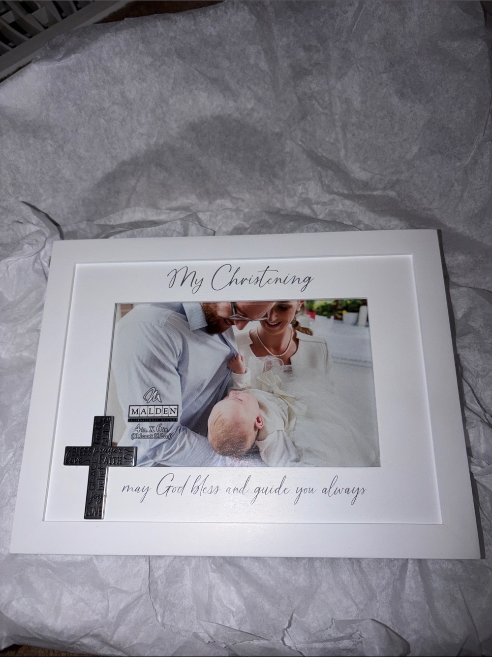 Malden White Christening Frame with Black Cross Accent